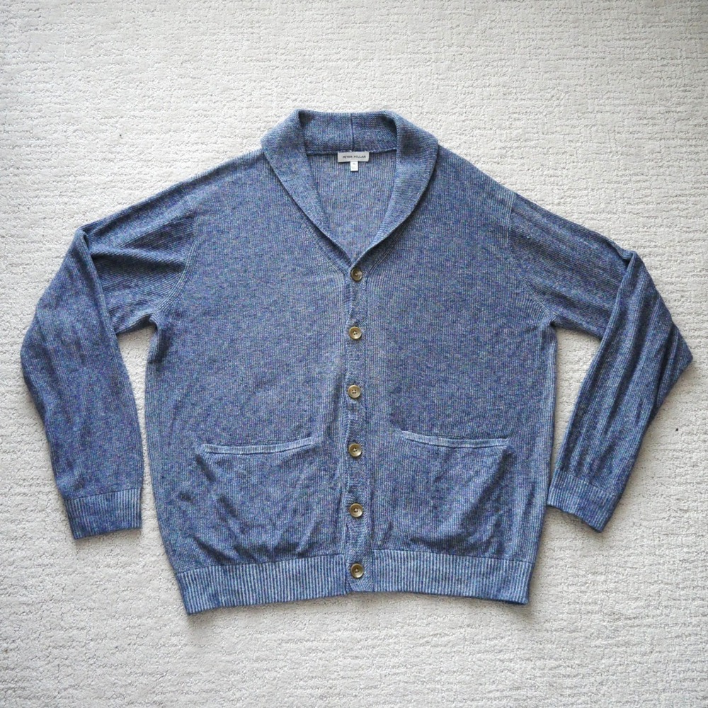 Peter Millar Mens XL Blue Marl Shawl Collar Cardigan Cotton Lyocell Hemp Sweater